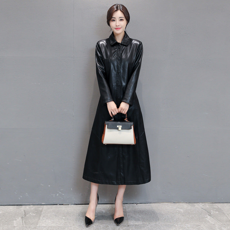 Women's Elegant Faux Leather Long Coat with Tailored Fit and Button Closure