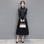 Women's Elegant Faux Leather Long Coat with Tailored Fit and Button Closure