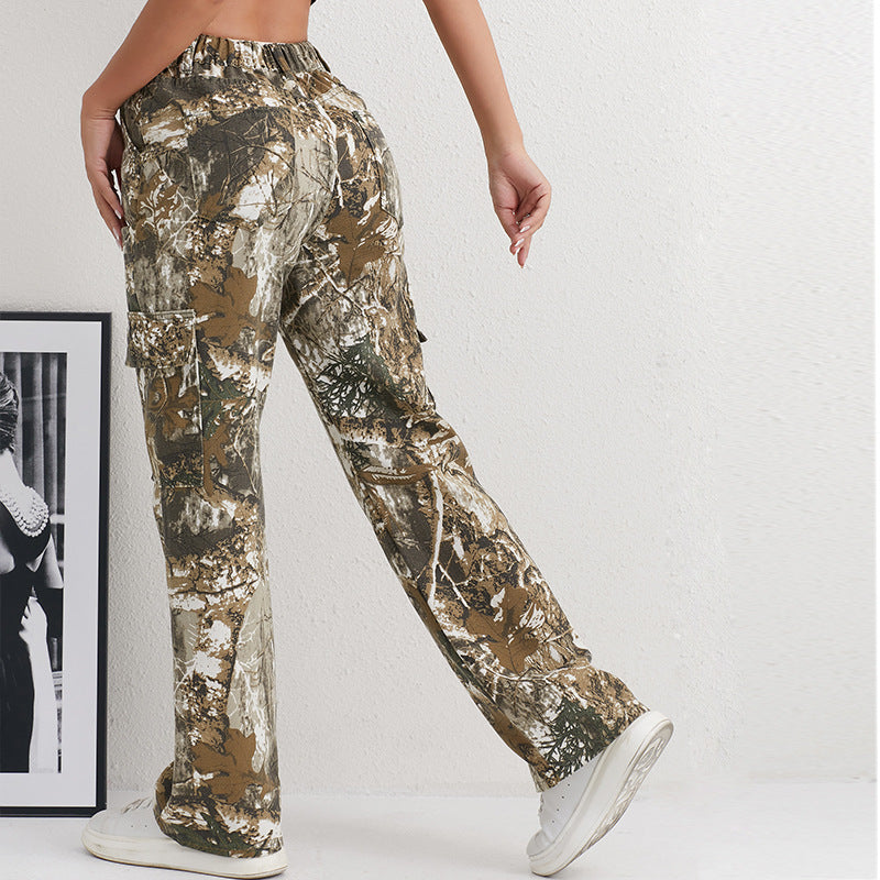 Women's Camouflage Cargo Pants with Side Pockets and Elastic Waistband