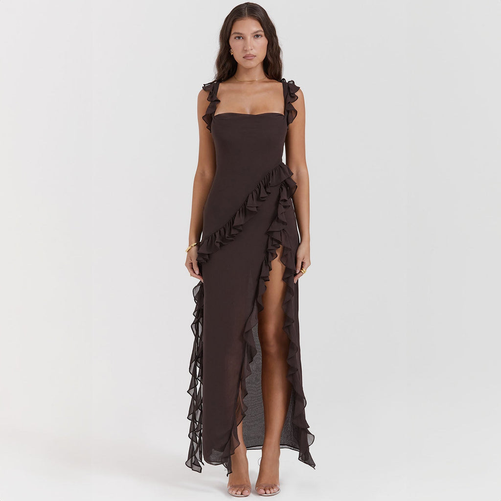 Women's Asymmetrical Maxi Dress with Ruffles and High Slit