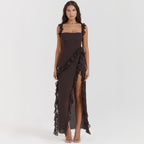 Women's Asymmetrical Maxi Dress with Ruffles and High Slit