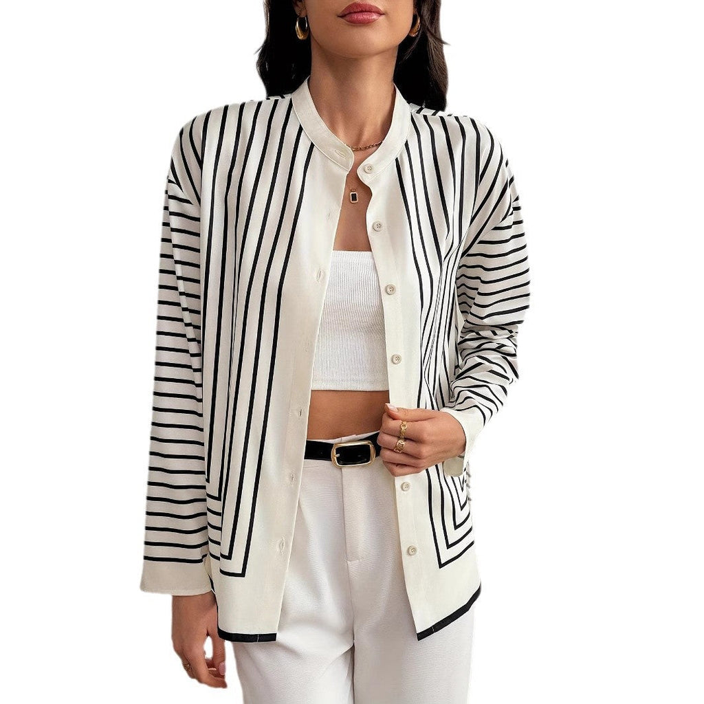 Button-Down Blouse with Vertical Stripes