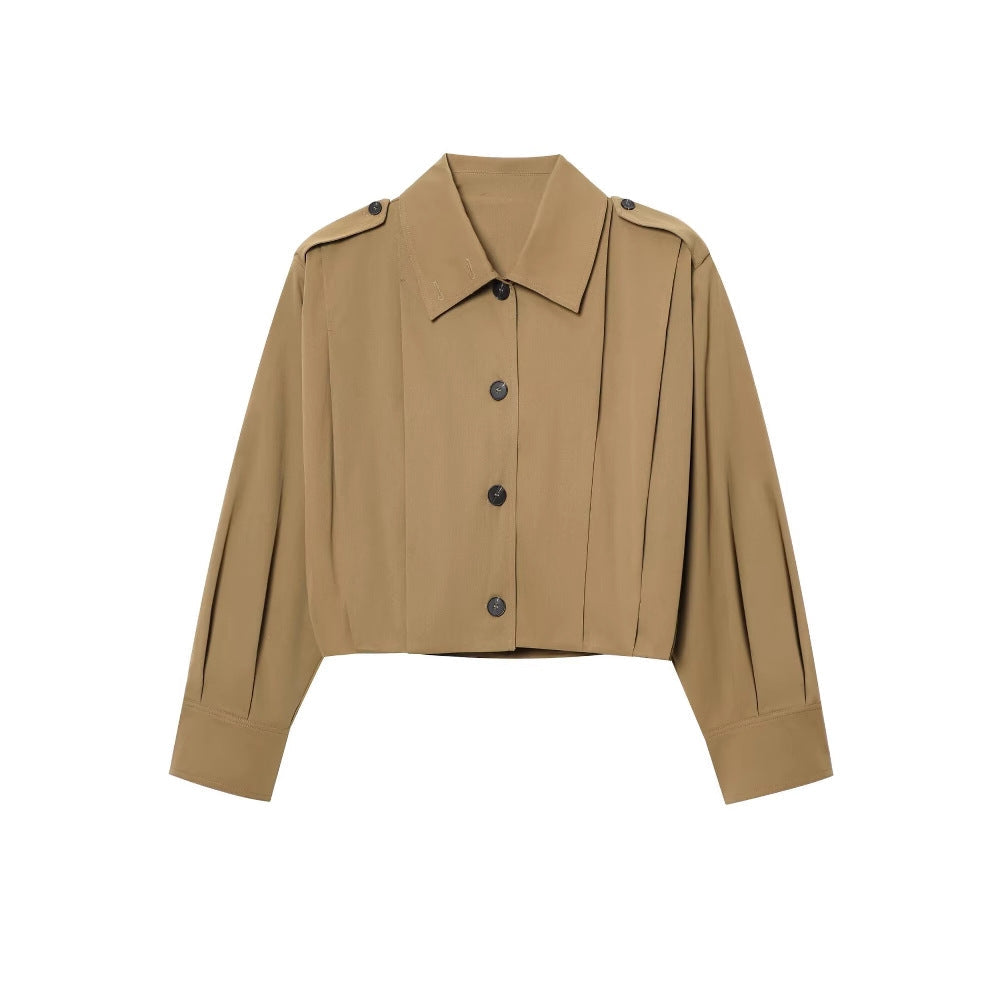 Women's Cropped Jacket with Decorative Buttons and Pleats