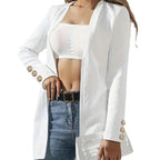 Women's Elegant Long Jacket with Textured Design and Decorative Buttons
