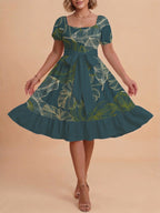 Women's A-Line Dress with Floral Motifs and Adjustable Belt