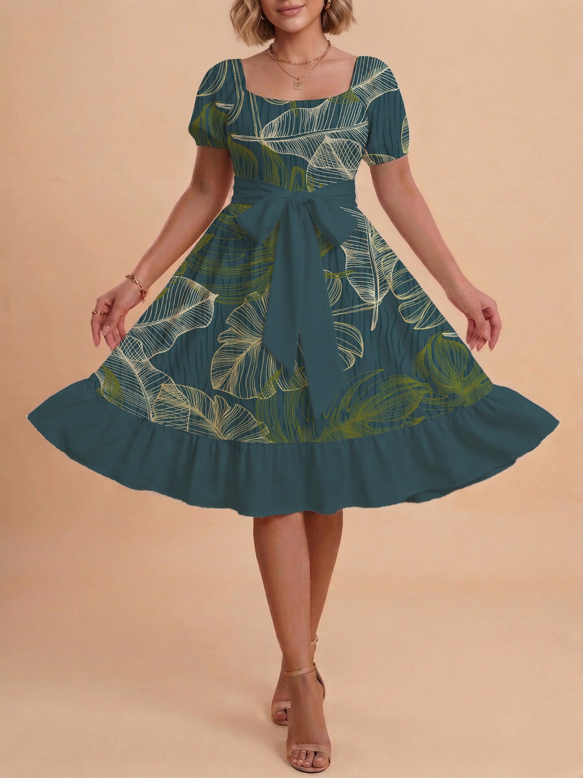 Women's A-Line Dress with Floral Motifs and Adjustable Belt