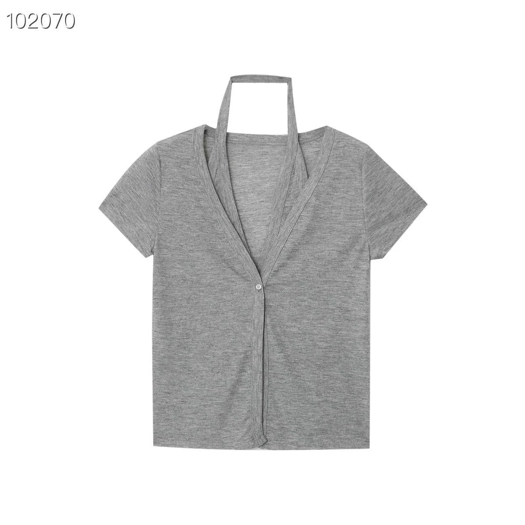 Women's Short-Sleeve Blouse with V-Neck and Tie Belt