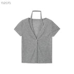 Women's Short-Sleeve Blouse with V-Neck and Tie Belt
