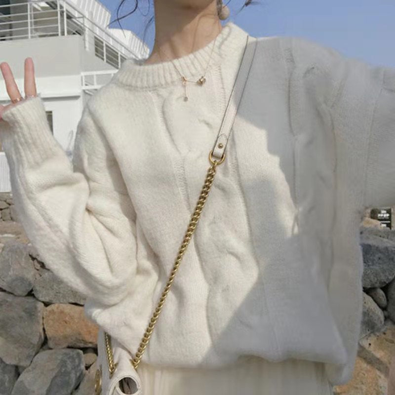 Women's Chunky Knit Sweater with Cable Design and Wide Cut