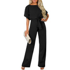 Long Jumpsuit with Tie Belt and Cap Sleeves