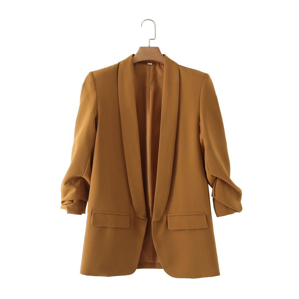 Elegant Women's Blazer with Rolled Sleeves and Pockets