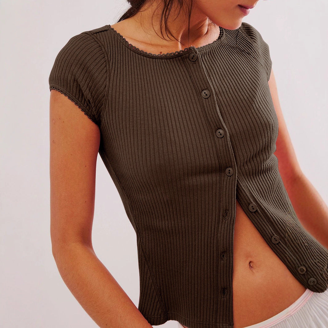 Women's Short-Sleeve Polo Shirt in Elegant Ribbed Pattern