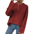 Women's Cozy Knit Pullover with Button Placket and Wide Sleeves