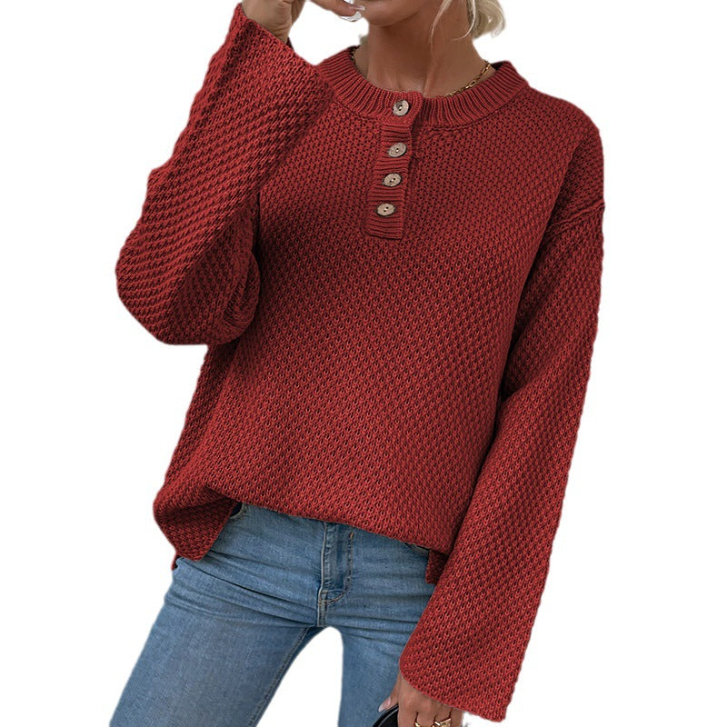 Women's Cozy Knit Pullover with Button Placket and Wide Sleeves