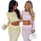 Women's Elegant Crocheted Set with Long-Sleeve Crop Top and Figure-Hugging Skirt