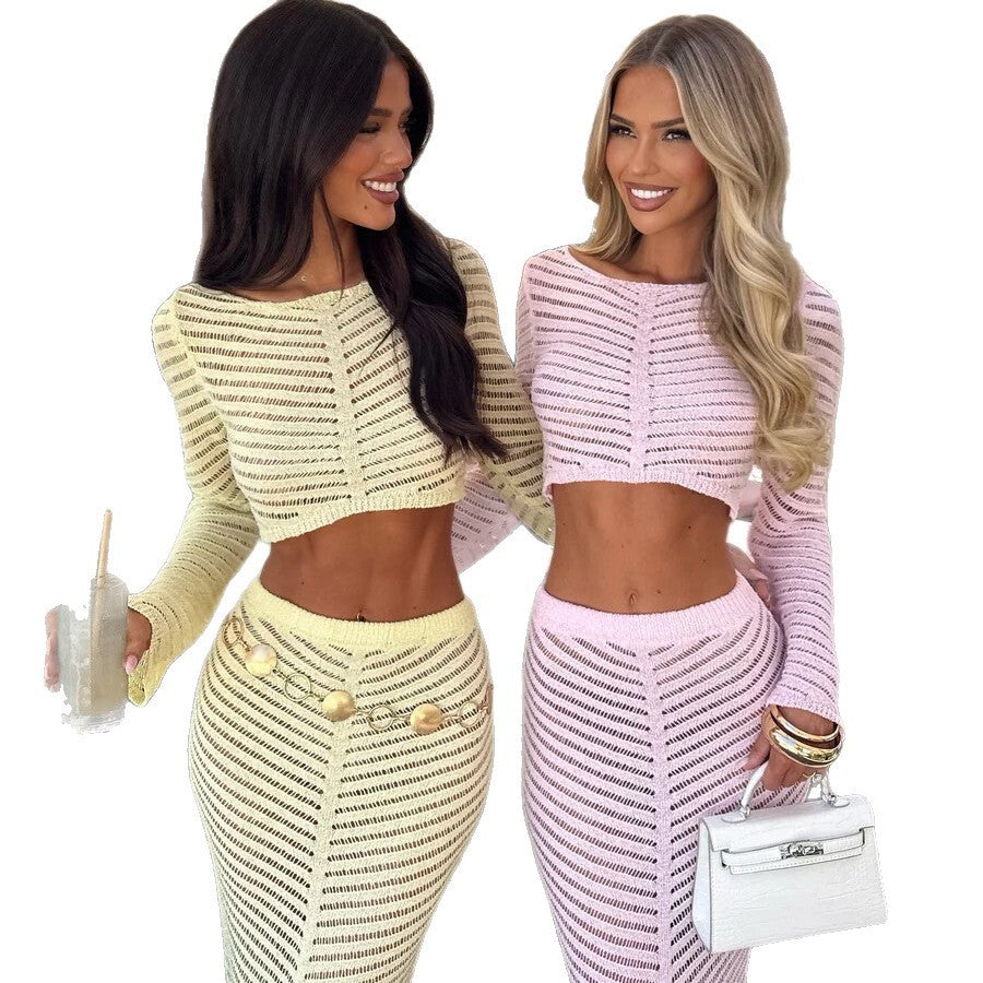 Women's Elegant Crocheted Set with Long-Sleeve Crop Top and Figure-Hugging Skirt