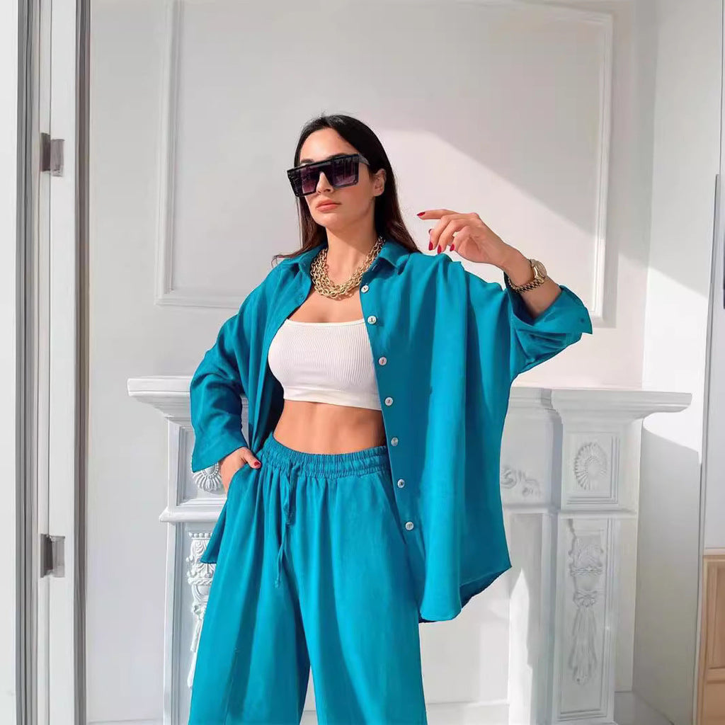 Women's Casual Two-Piece Set in Lightweight Fabric with Wide Blouse and Comfortable Pants