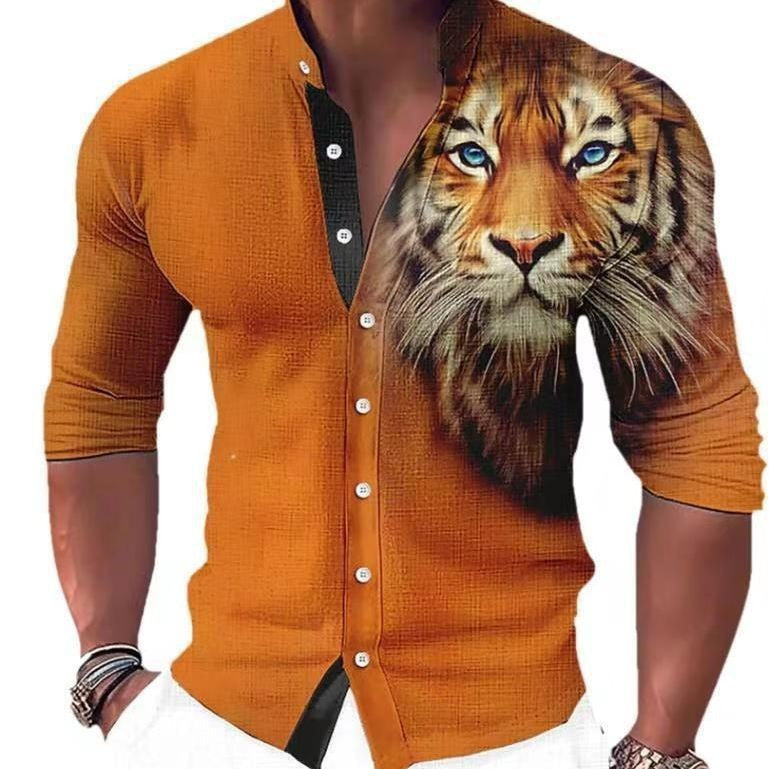 Women's Shirt with Animal Print and Stand-Up Collar