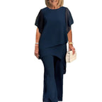 Elegant Ensemble with Flowing Top and Wide-Leg Trousers