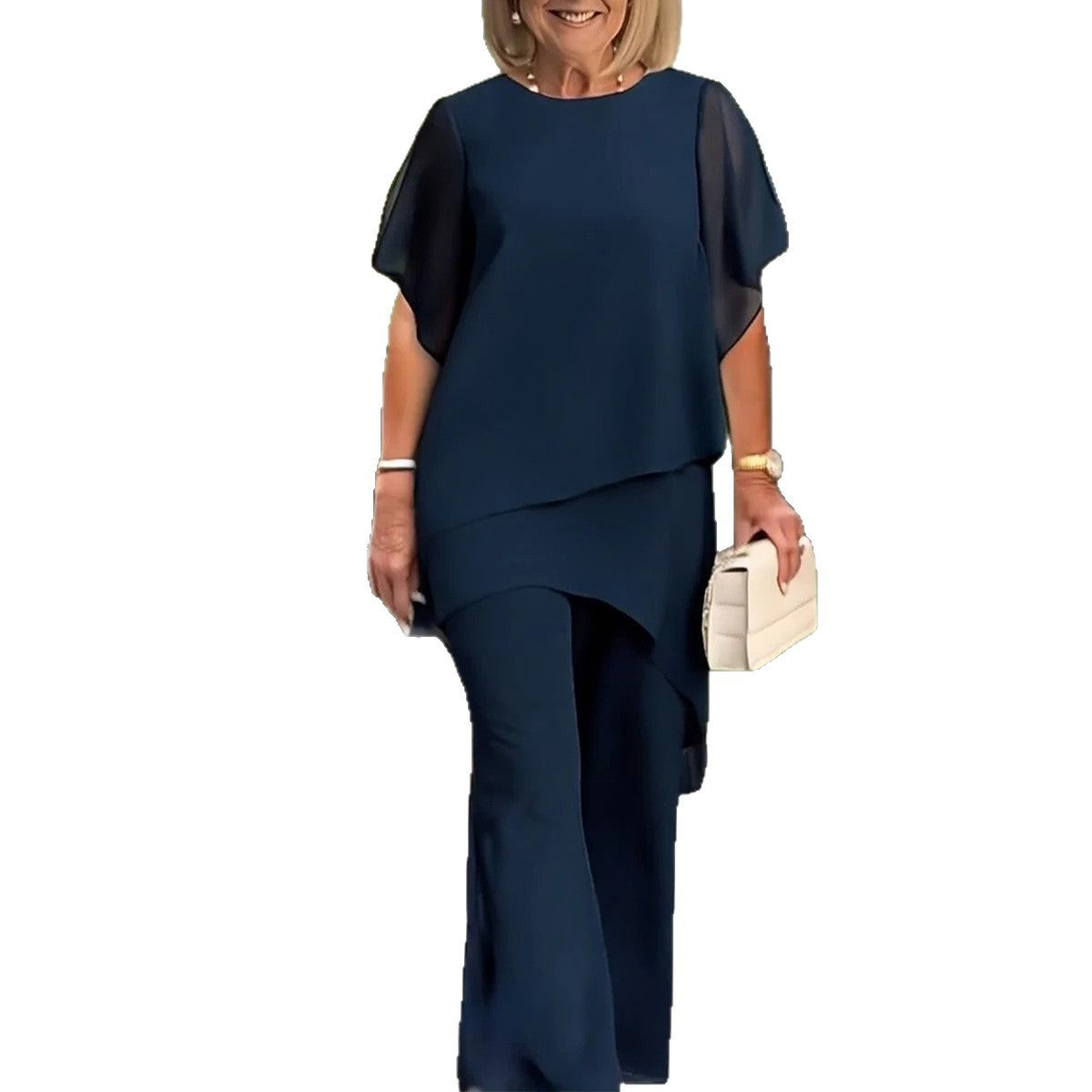 Elegant Ensemble with Flowing Top and Wide-Leg Trousers