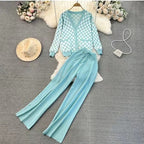 Women's Casual Plaid Leisure Suit with Wide-Leg Trousers