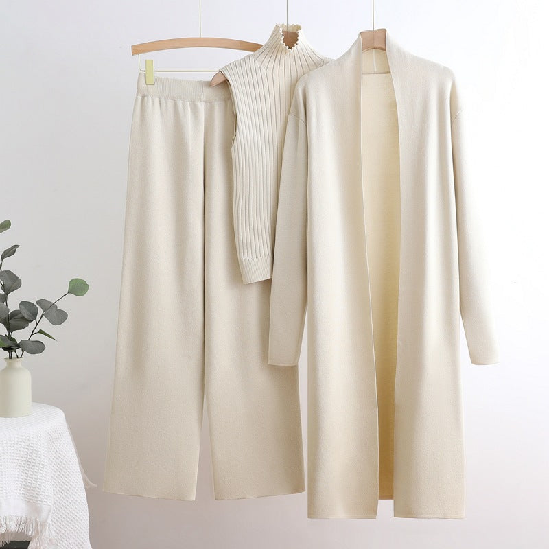 Women's Cozy Knit Loungewear Set with Long Cardigan and Ribbed Shirt