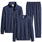 Men's Three-Piece Performance Training Set with Stand Collar Zip Jacket, Round Neck Sweater & Tapered Jogging Pants