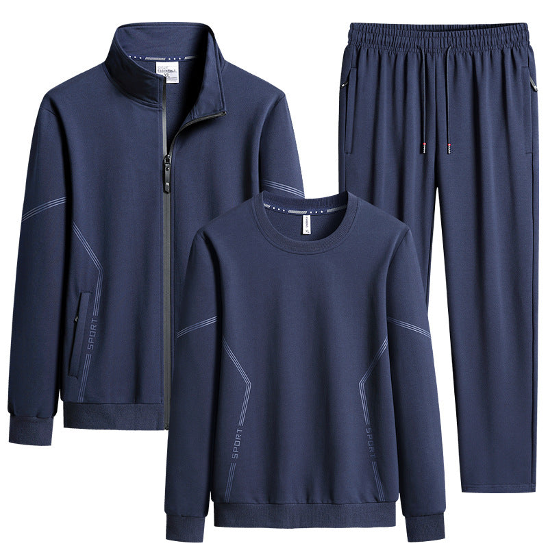 Men's Three-Piece Performance Training Set with Stand Collar Zip Jacket, Round Neck Sweater & Tapered Jogging Pants