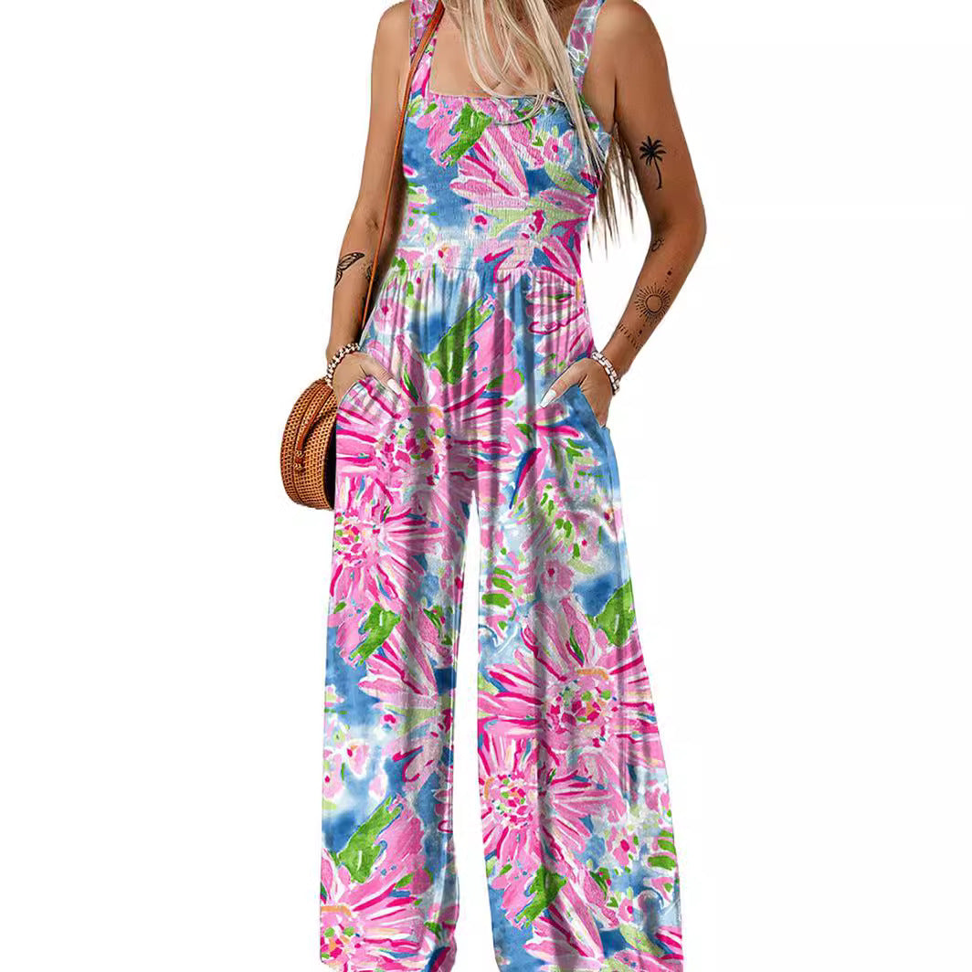 Women's Airy Floral Print Maxi Jumpsuit with Pockets