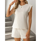 Women's Short-Sleeve Overall with Ruffle Details and Tie Belt