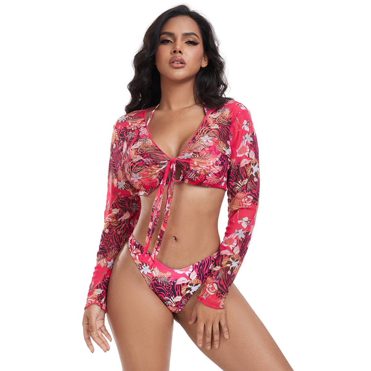 Women's Colorful Long-Sleeve Crop Top with Knot Detail