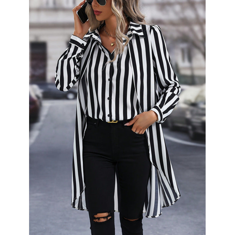 Women's Long-Sleeve Striped Shirt with Asymmetrical Hem