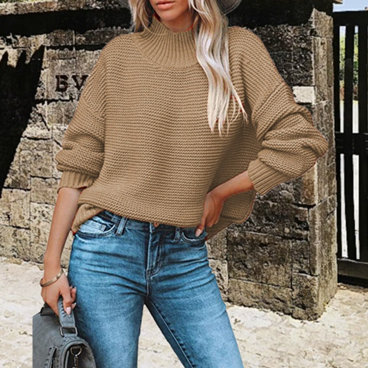 Women's Chunky Knit Sweater with High Collar and Balloon Sleeves