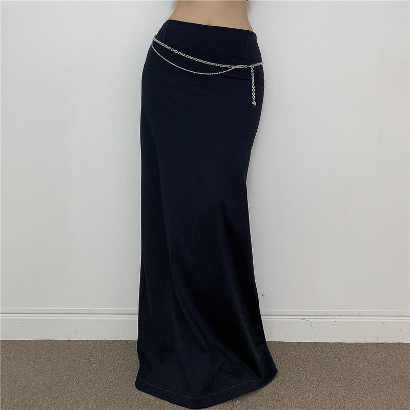 Women's Elegant Midi Skirt with Side Slit and Elastic Waistband