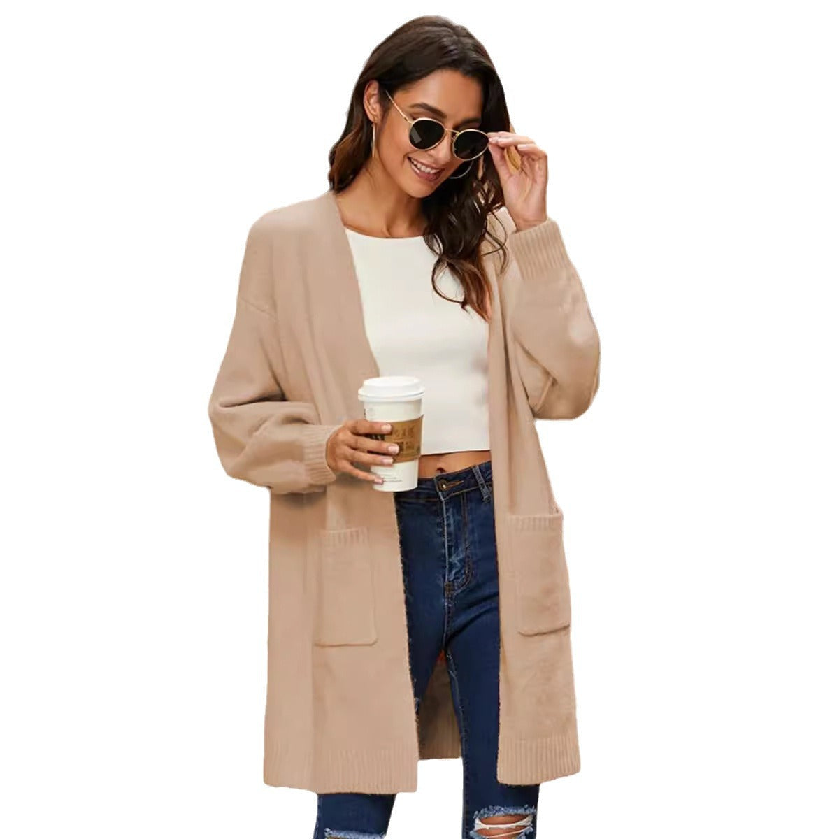 Women's Chunky Knit Kimono Cardigan with Open Sleeves and Pockets