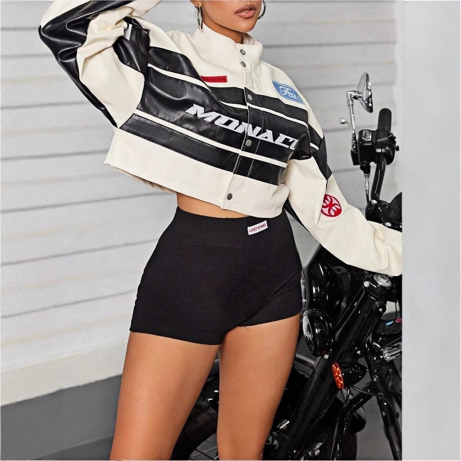 Women's Cropped Biker Jacket with Branding Elements
