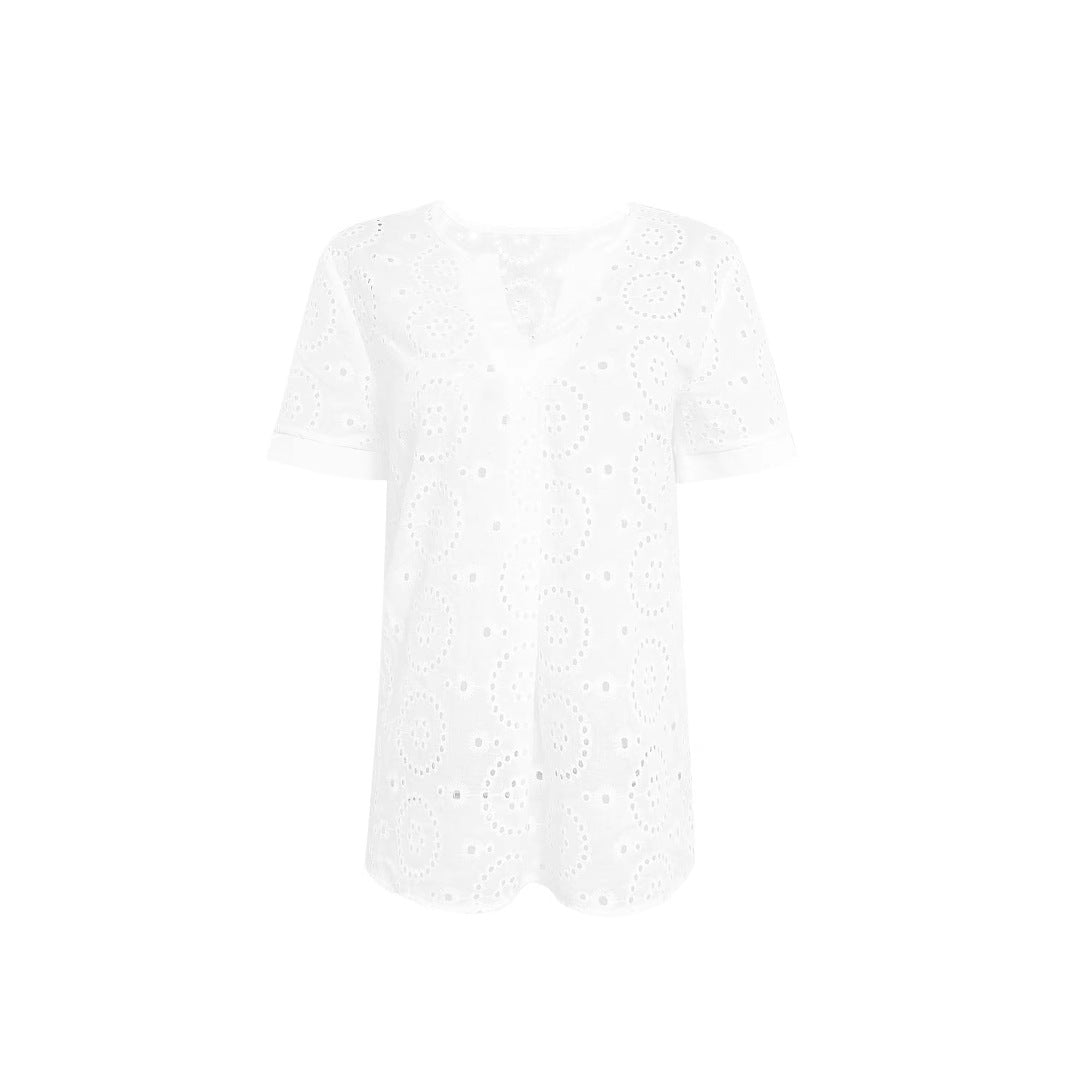 Women's Floral Eyelet Blouse with V-Neck