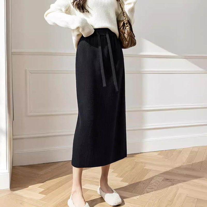 Women's Midi Skirt with Waist Tie and Ribbed Design