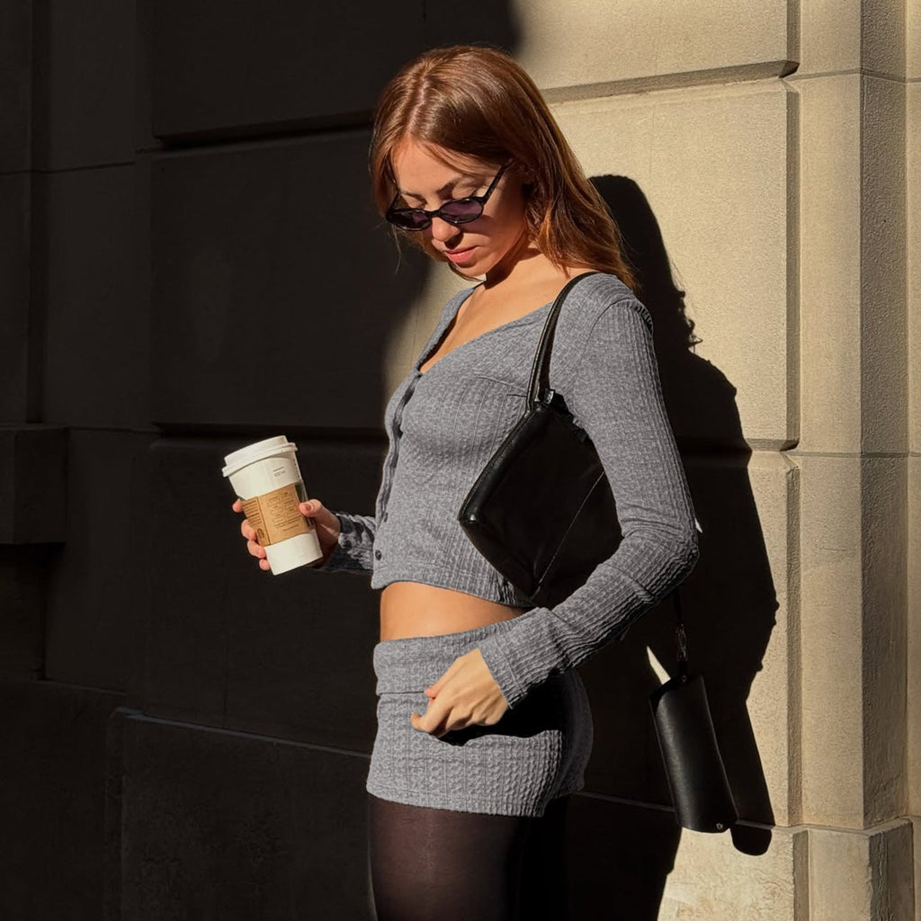 Women's Ribbed Lounge Set with U-Neck Cropped Cardigan and High-Waist Shorts