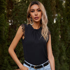 Sleeveless Blouse Shirt with Lace Trims and Decorative Collar