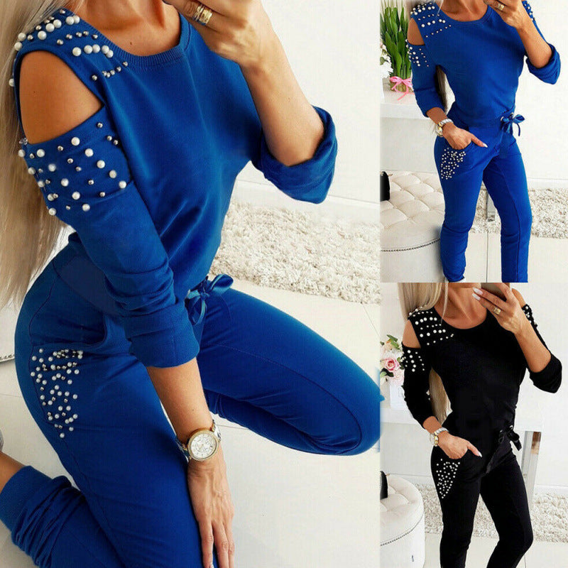 Women's Cold-Shoulder Pearl-Embellished Tracksuit Set
