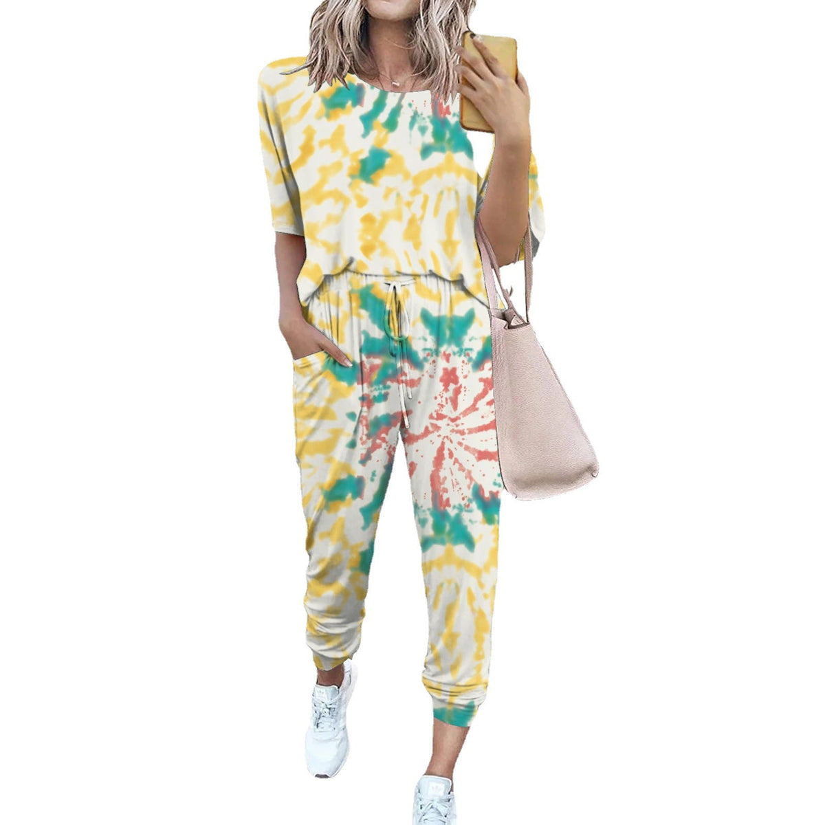 Women's Lightweight Casual Jumpsuit with Tie-Dye Pattern and Pockets