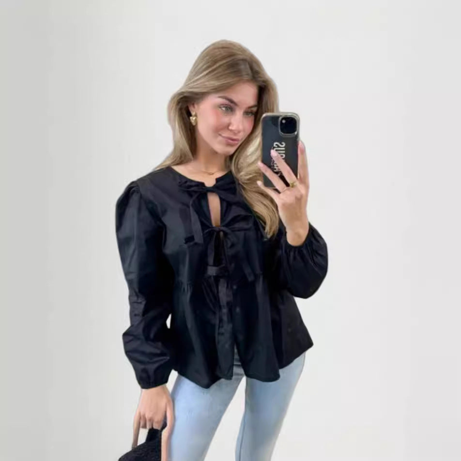 Women's Blouse with Ruffle Sleeves and Tie