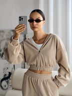 Women's Casual Sweat Set with Elastic Waistband and Modern Zipper