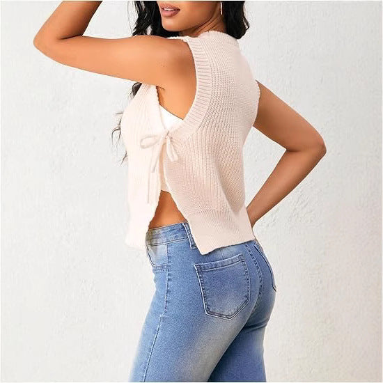 Women's Sleeveless Knit Top with Generous Cut and Tie Detail