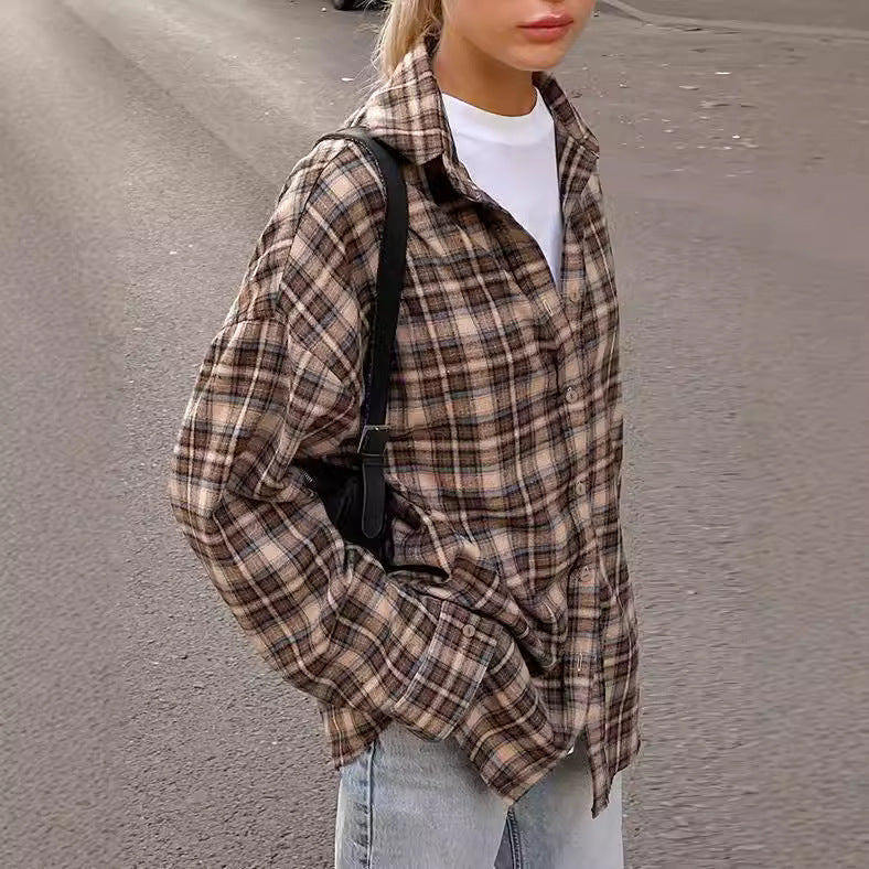 Women's Plaid Overshirt in Casual Cut with Oversized Sleeves