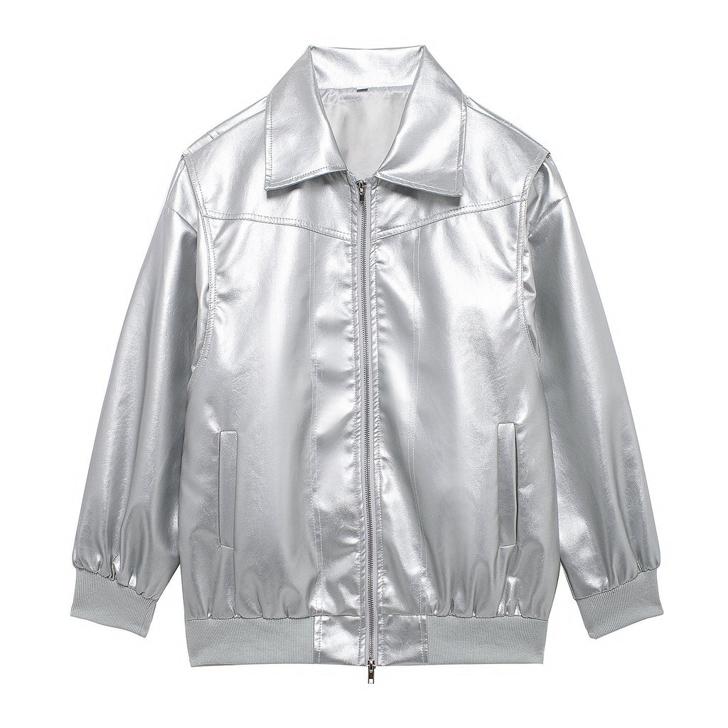 Women's Elegant Faux Leather Jacket with High Collar and Elastic Cuffs
