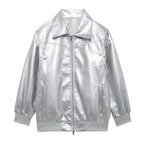 Women's Elegant Faux Leather Jacket with High Collar and Elastic Cuffs