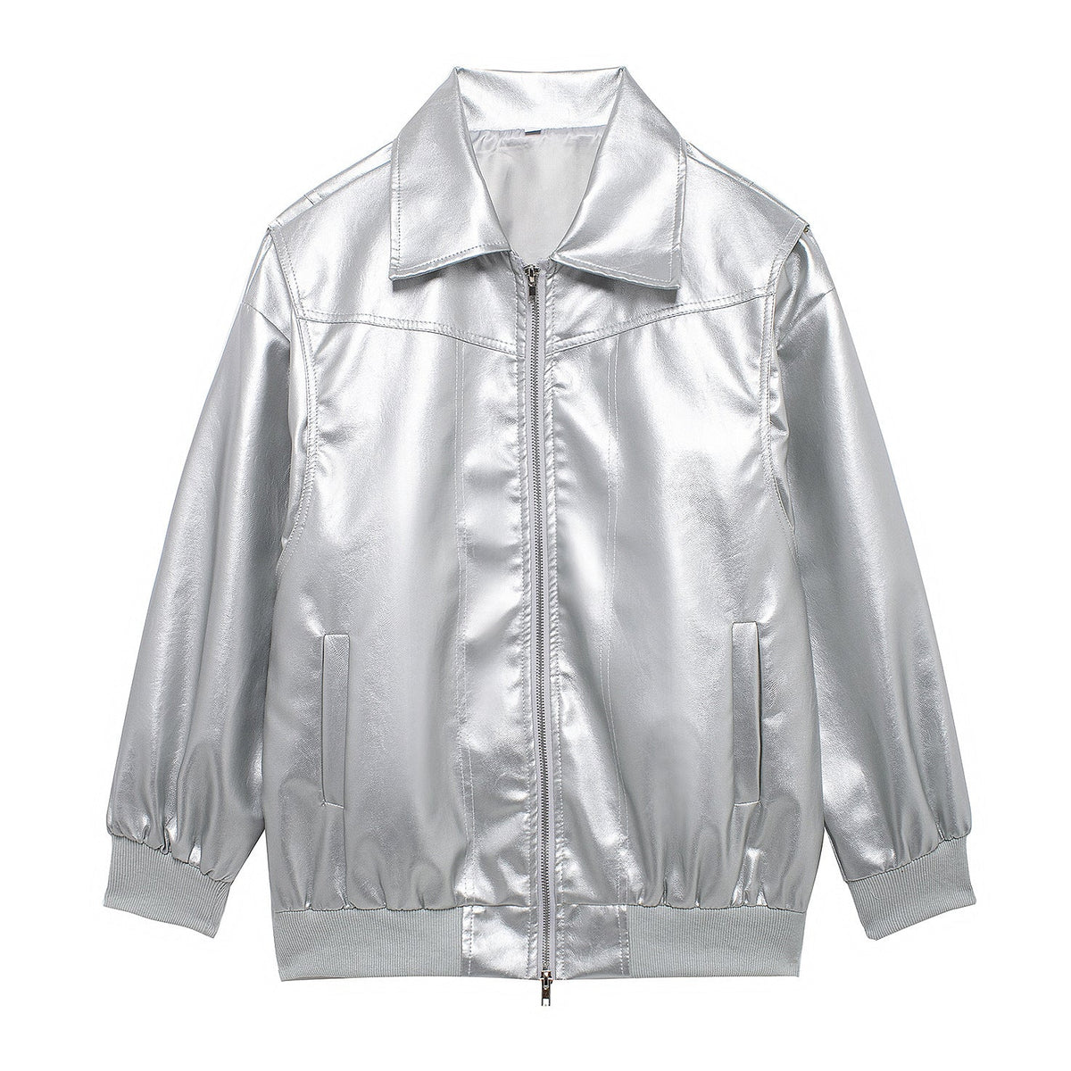 Women's Elegant Faux Leather Jacket with High Collar and Elastic Cuffs