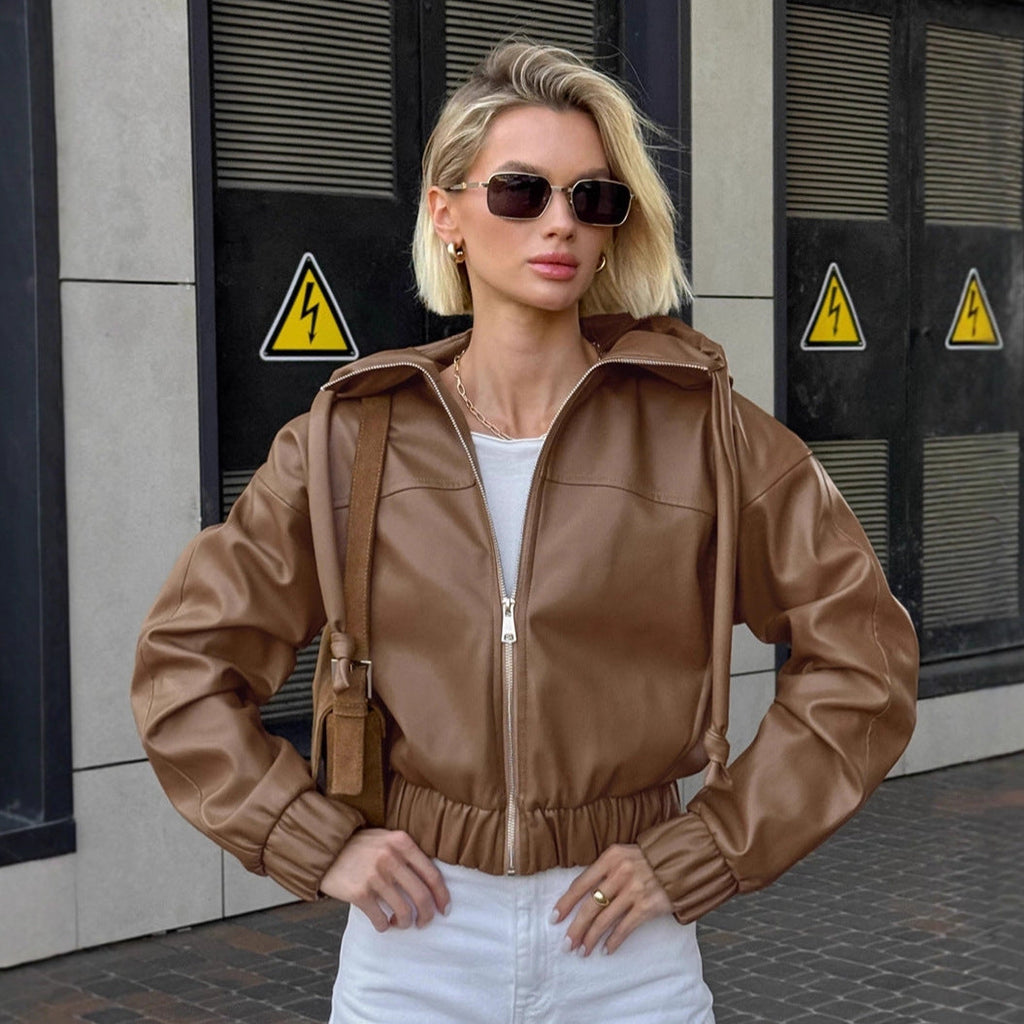 Women's Cropped Faux Leather Jacket with Contrasting Details and Elastic Hem